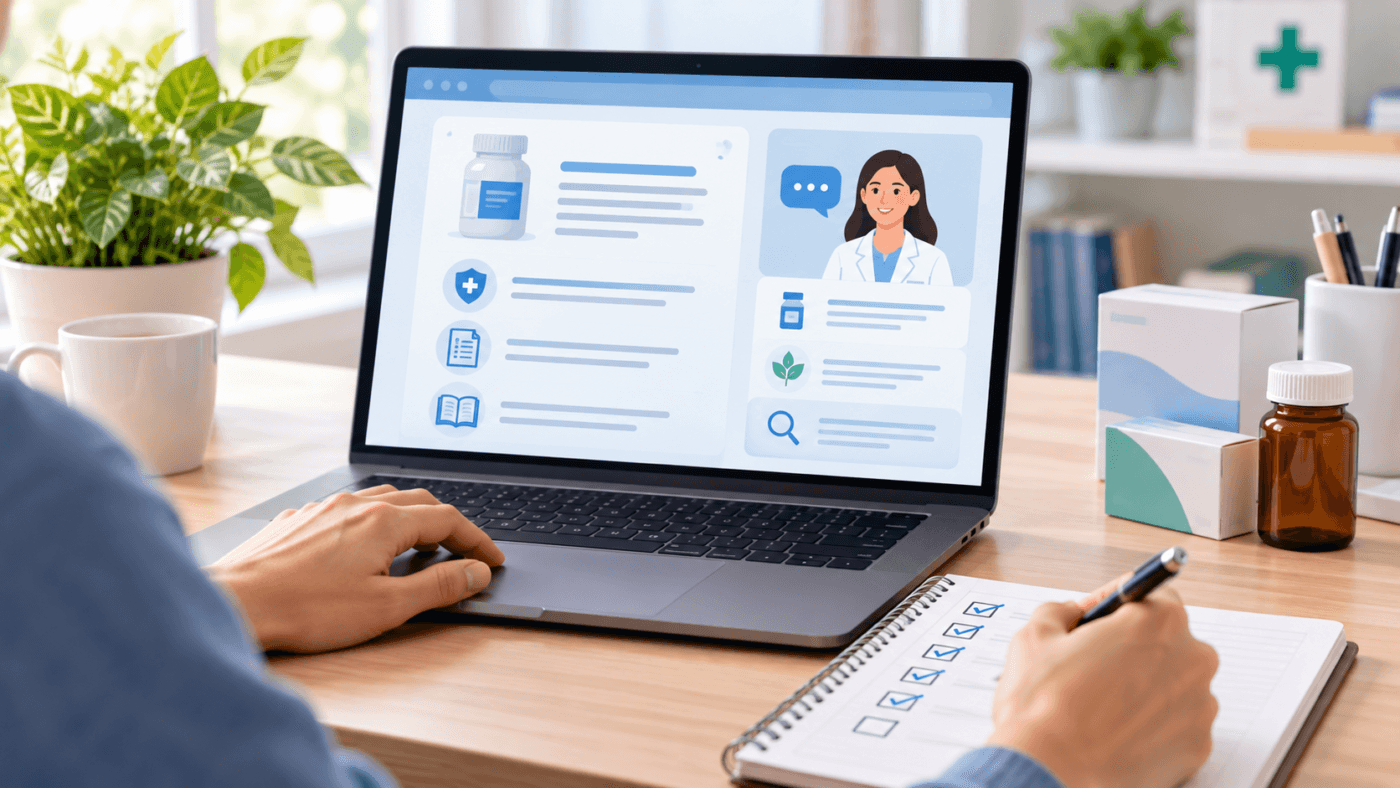 Person reviewing medicine information online with a responsible health checklist